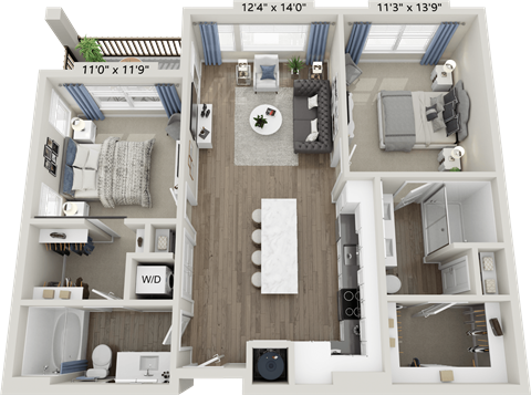 A 3D floor plan of a small apartment with a living room, kitchen, and bedroom.